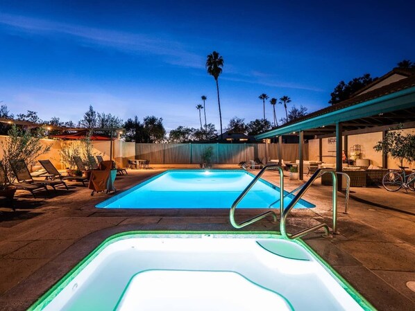 Outdoor pool, pool umbrellas, pool loungers