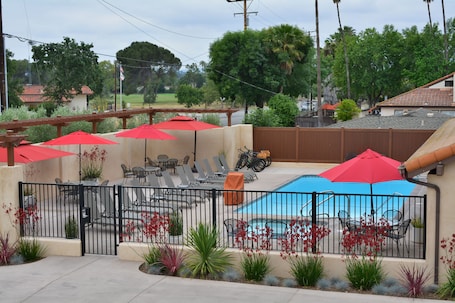 Una piscina al aire libre, sombrillas, sillones reclinables de piscina