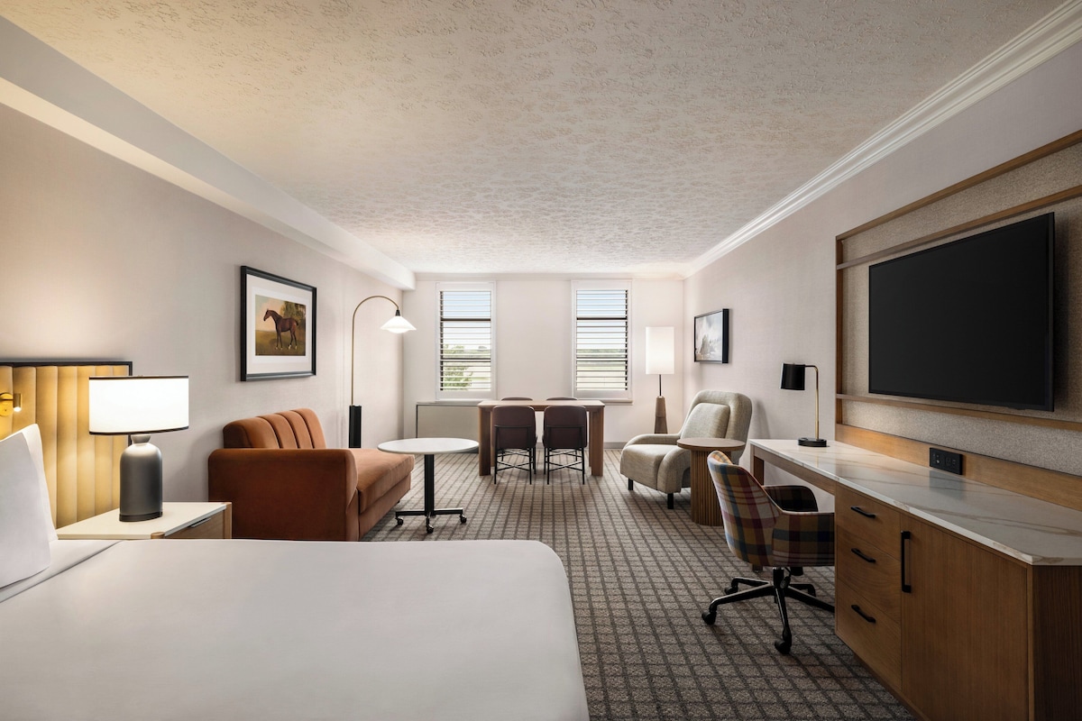 A hotel room with a large bed, a desk, a chair, a sofa, a TV, and a window.