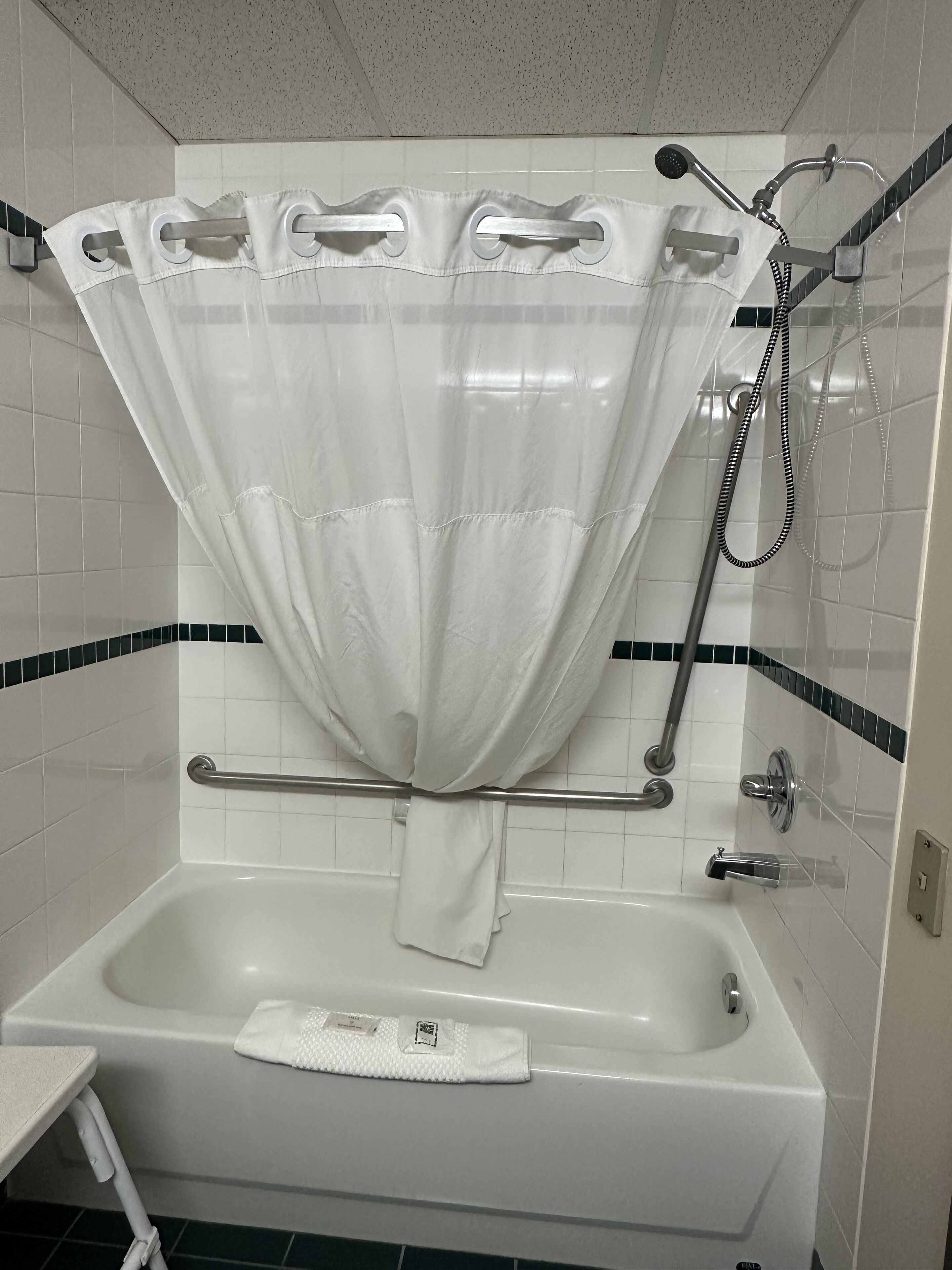 Une salle de bain avec une baignoire, une douche et un porte-serviettes.