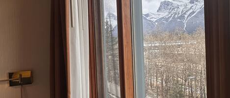 A room with a large window offering a view of snow-covered mountains and a forested area.
