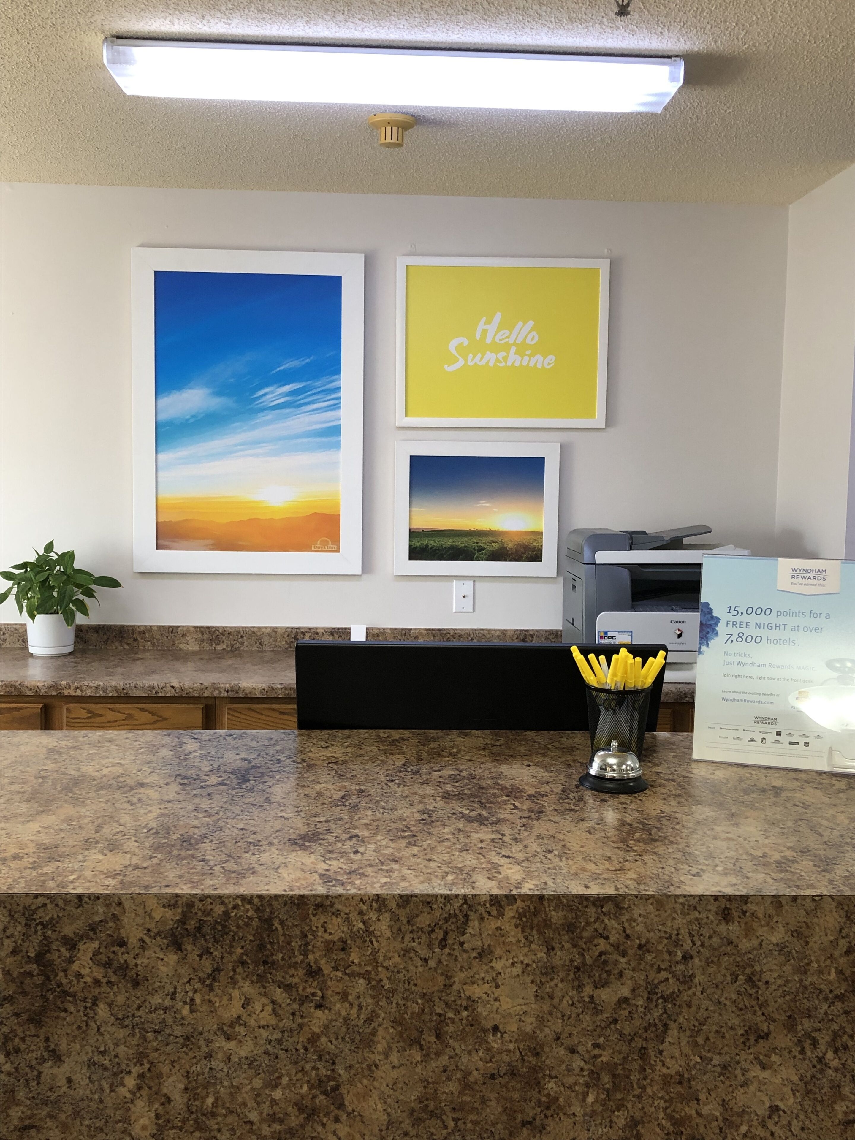 A hotel reception desk with framed pictures of landscapes, a potted plant, and a sign for Wyndham Rewards.