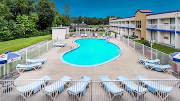 Seasonal outdoor pool, open 10:00 AM to 10:00 PM, sun loungers