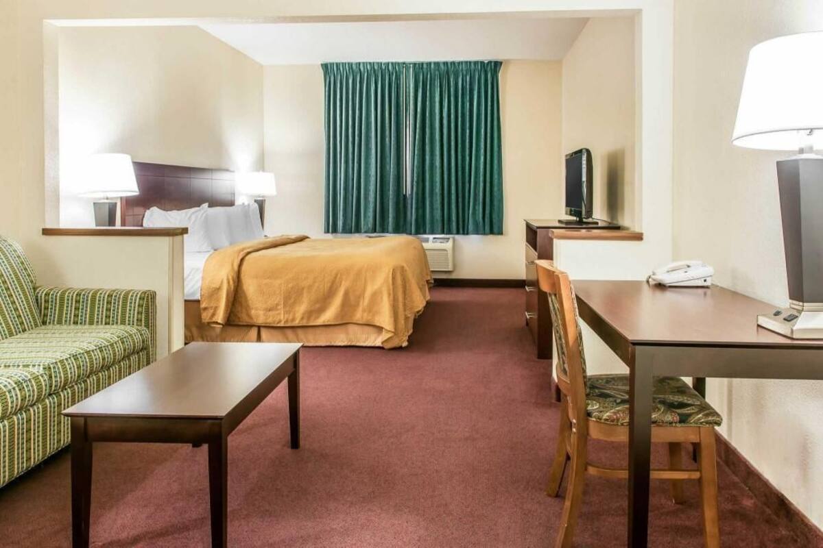 A hotel room with a bed, a sofa, a table, a chair, a desk, a lamp, a TV, and a window with curtains.