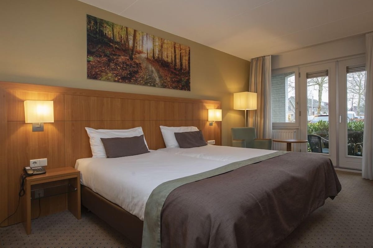 A hotel room with a large bed, two bedside lamps, a painting above the bed, and a view through the window.
