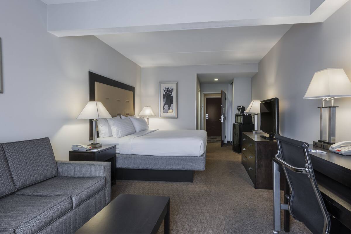 A hotel room with a bed, a sofa, a desk, and a chair.