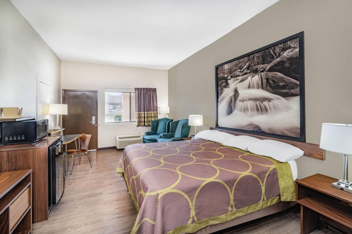 A hotel room with a bed, a desk with a microwave, a chair, a TV, and a large window.