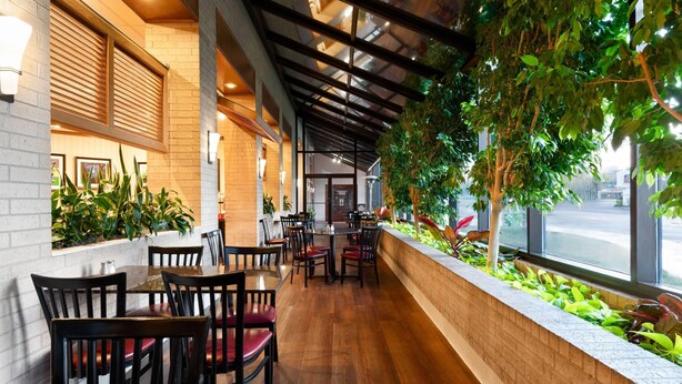 An indoor dining area with wooden tables and chairs, a brick wall, and a row of potted plants along the window. - Wyndham Riverfront Little Rock (North Little Rock)