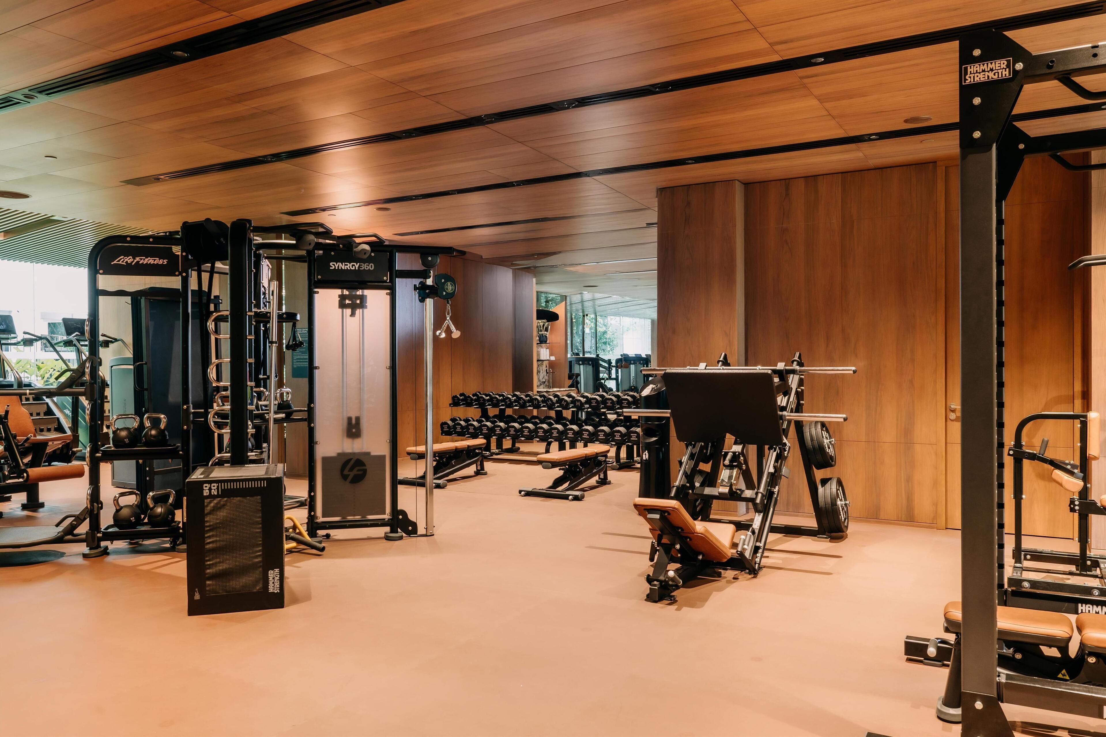 A gym with various exercise equipment, including weight machines and dumbbells.