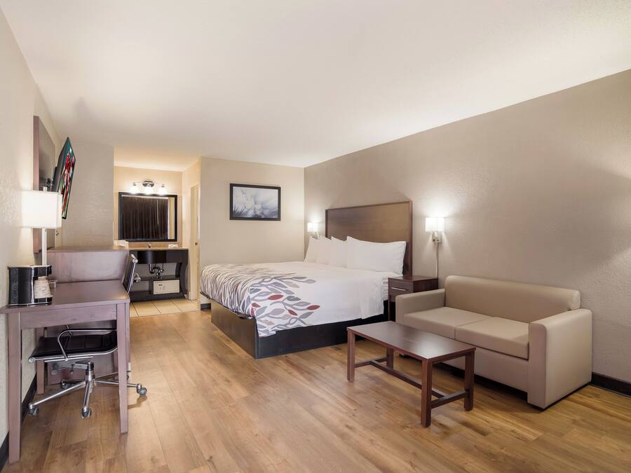 A hotel room with a bed, a desk, a chair, a sofa, and a bedside table.