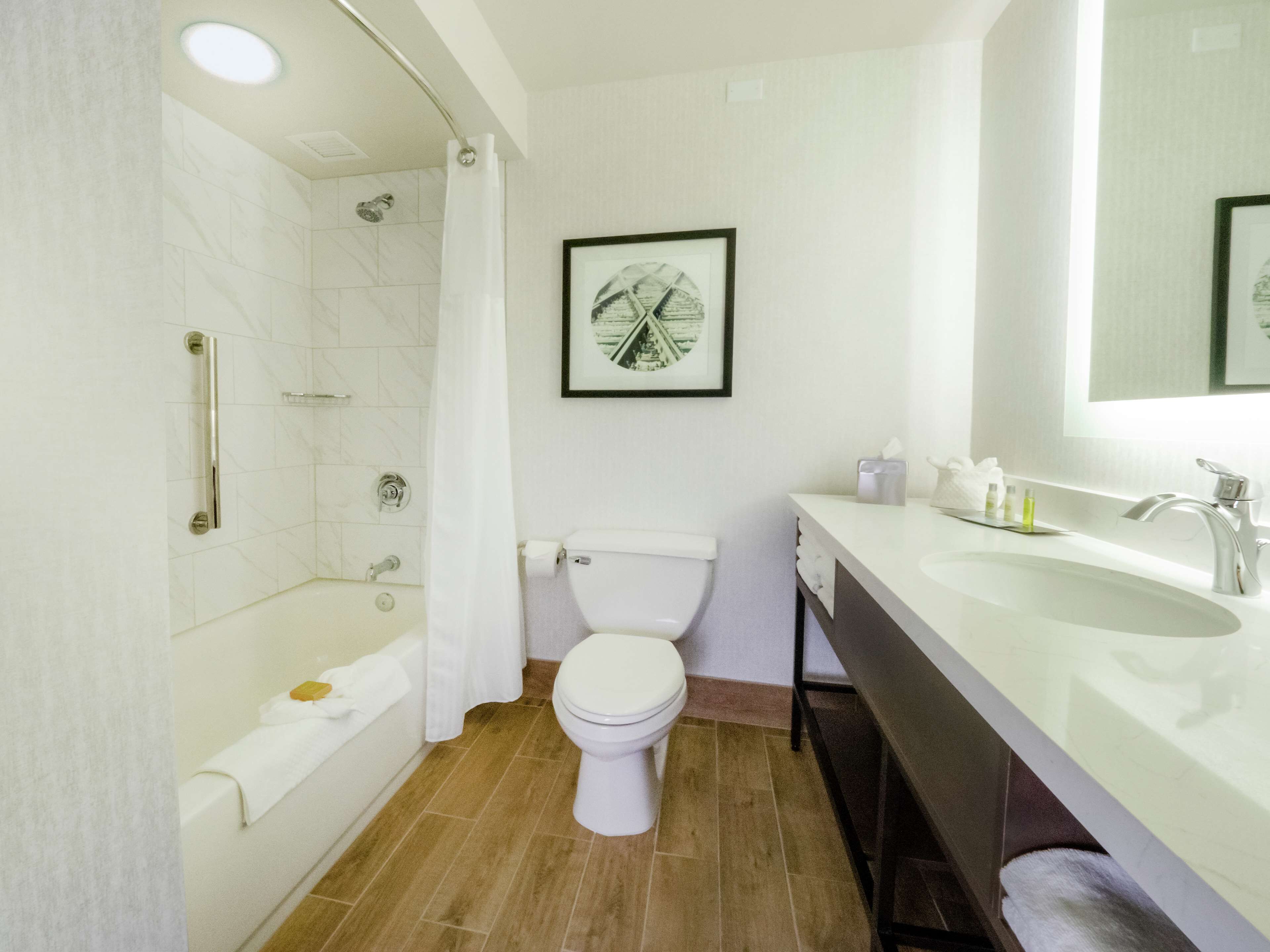 combined shower/bathtub, free toiletries, hair dryer, towels