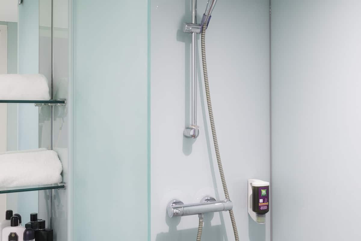 combined shower/bathtub, eco-friendly toiletries, hair dryer, towels