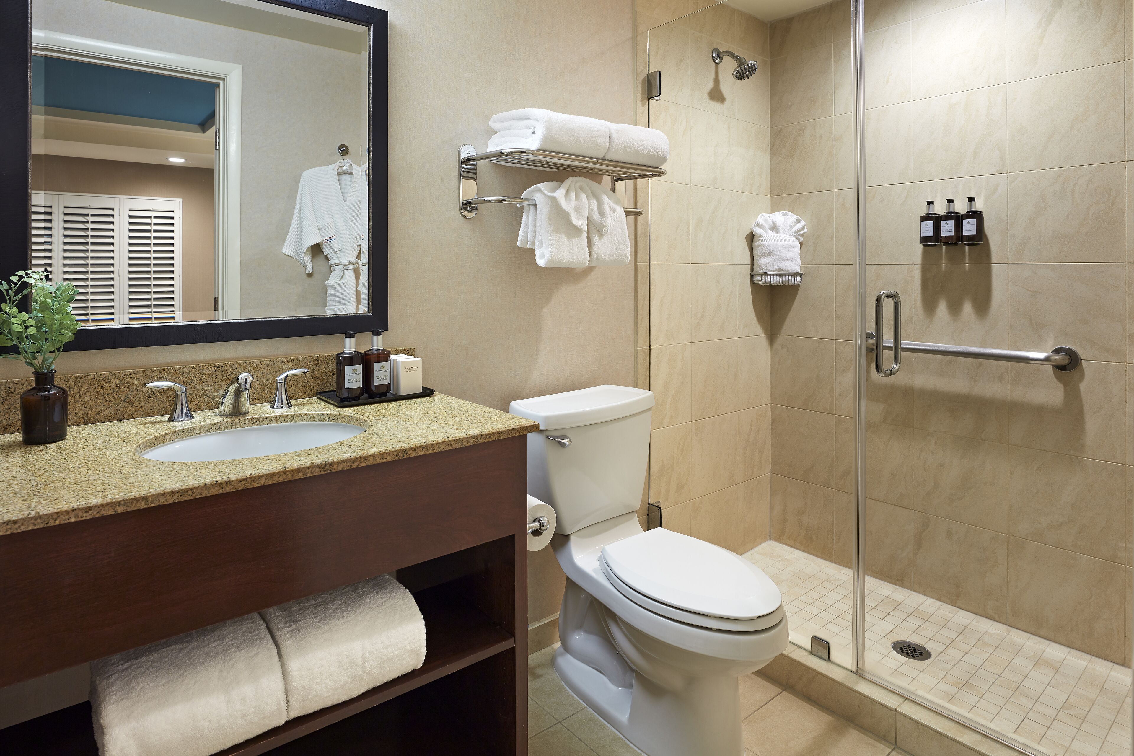 free toiletries, hair dryer, bathrobes, towels