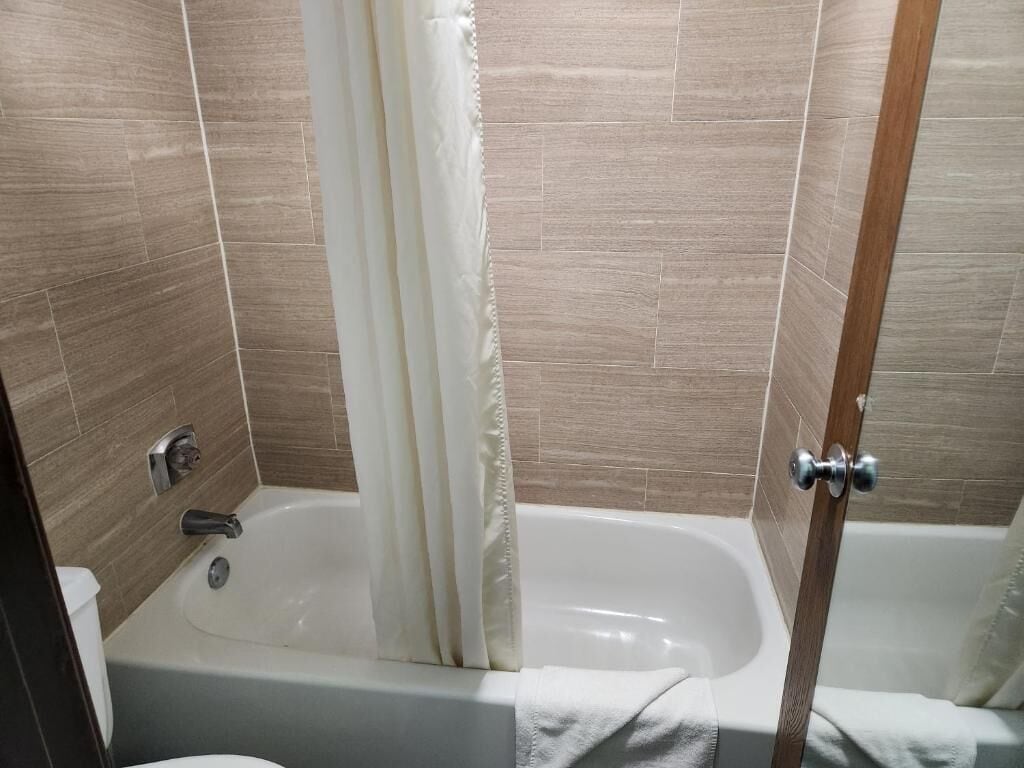 A bathroom with a bathtub, a toilet, and a shower curtain.