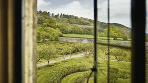 A view through a window of a vineyard with neatly trimmed rows of trees and a stone wall in the background. - Llangoed Hall (Brecon)