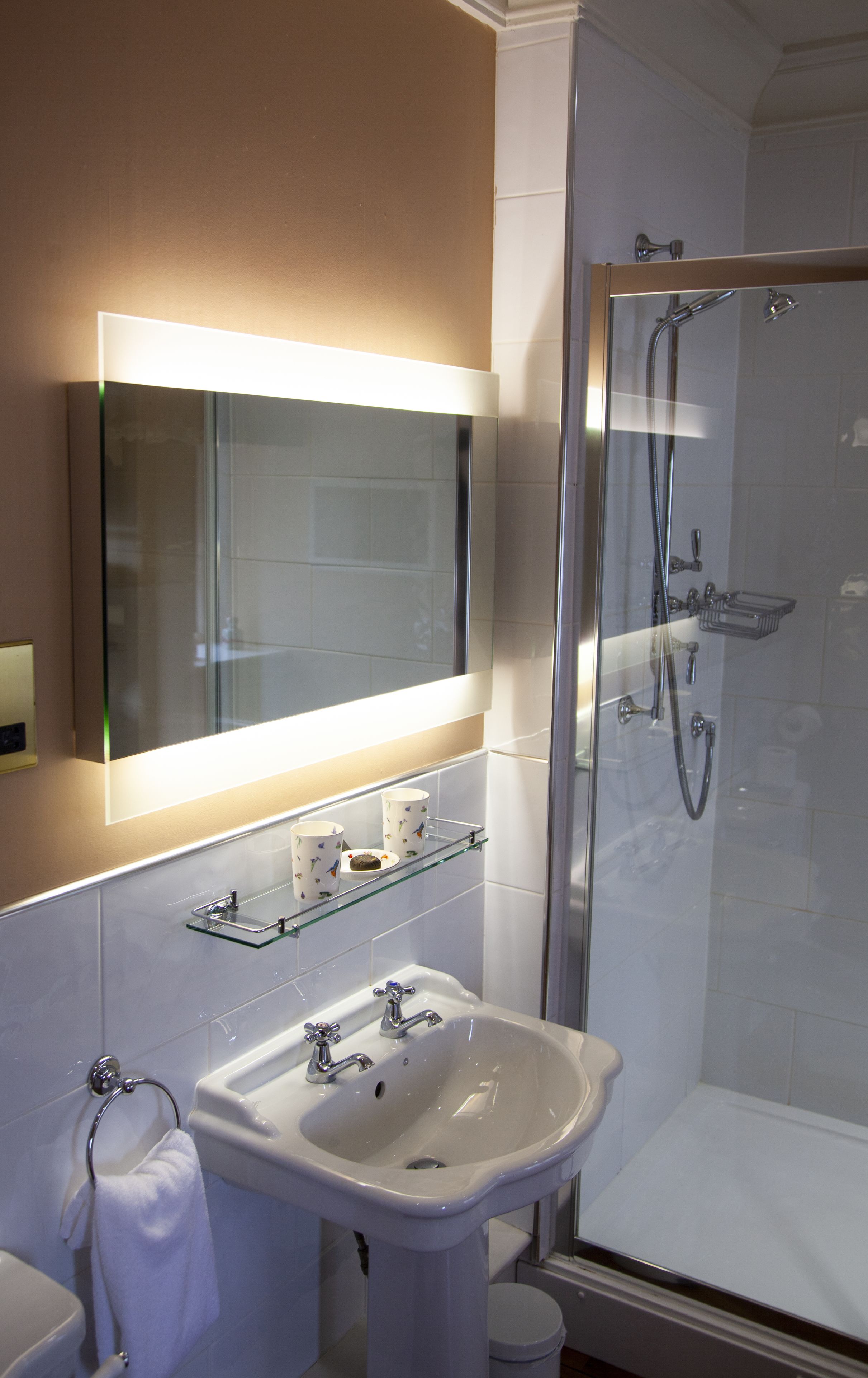 Un baño con ducha de vidrio, lavamanos blanco con dos llaves y un espejo sobre él.