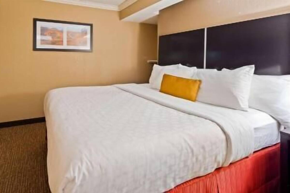 Habitació d'hotel amb un llit gran, un reposacapses i un quadre amb marc a la paret.
