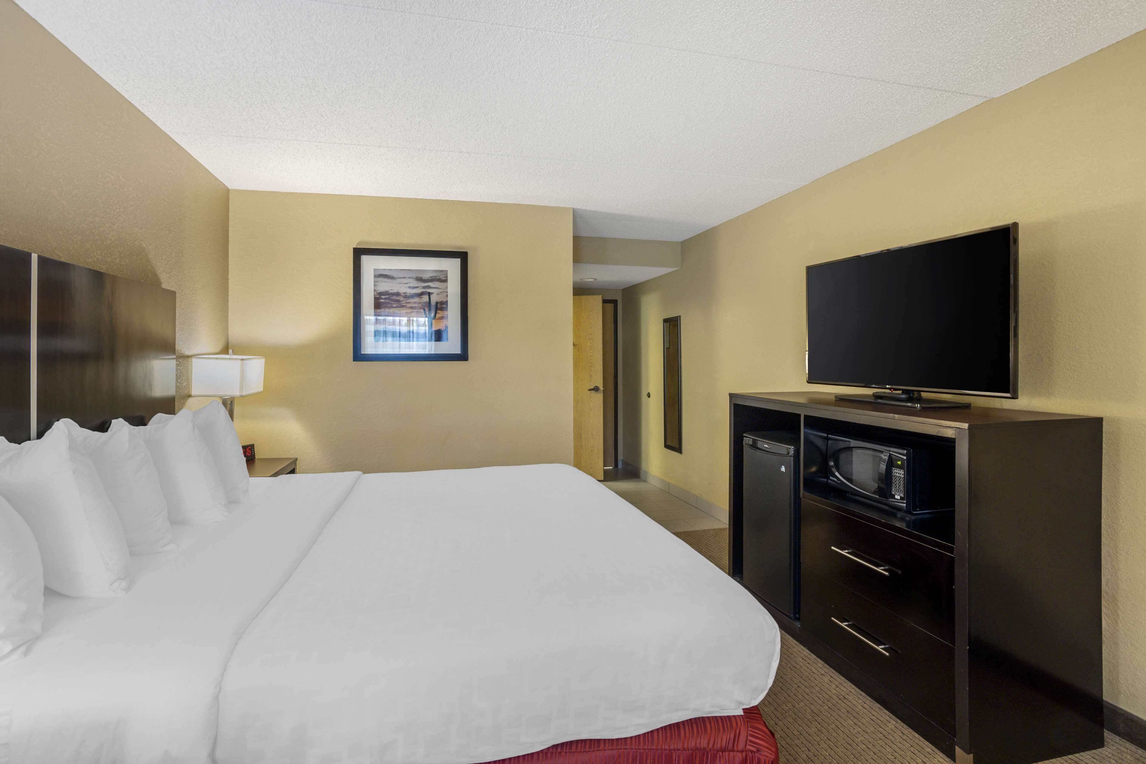 Habitación de hotel con una cama grande, televisión de pantalla plana, microondas y escritorio con cajones.