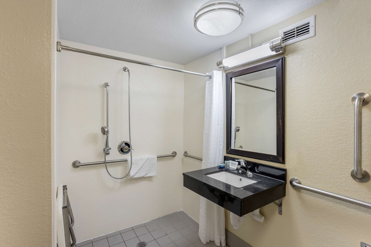 Un bany amb dutxa, un lavabo, un mirall i baranes.