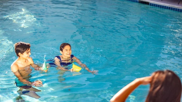 Outdoor pool, pool umbrellas, pool loungers