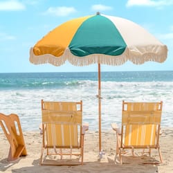 On the beach, sun loungers, beach umbrellas, beach towels