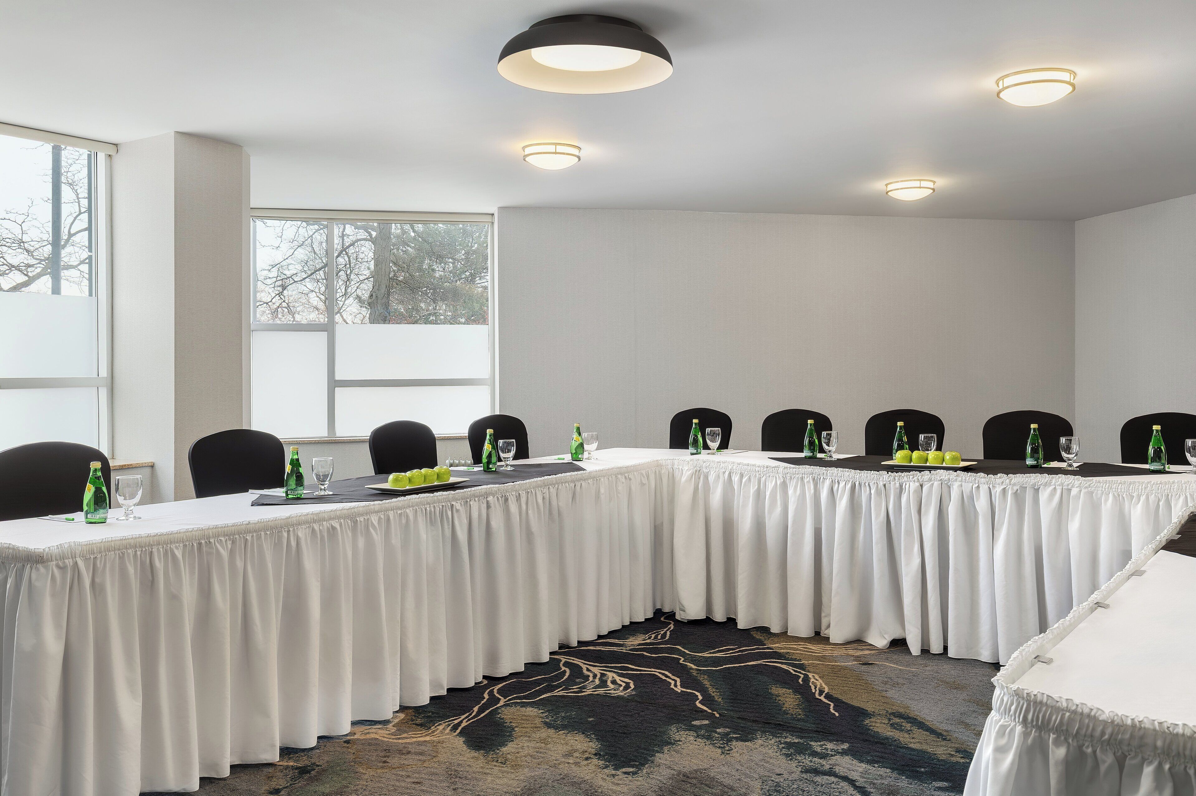 Un salón de conferencias con una larga mesa, sillas e iluminación en el techo.