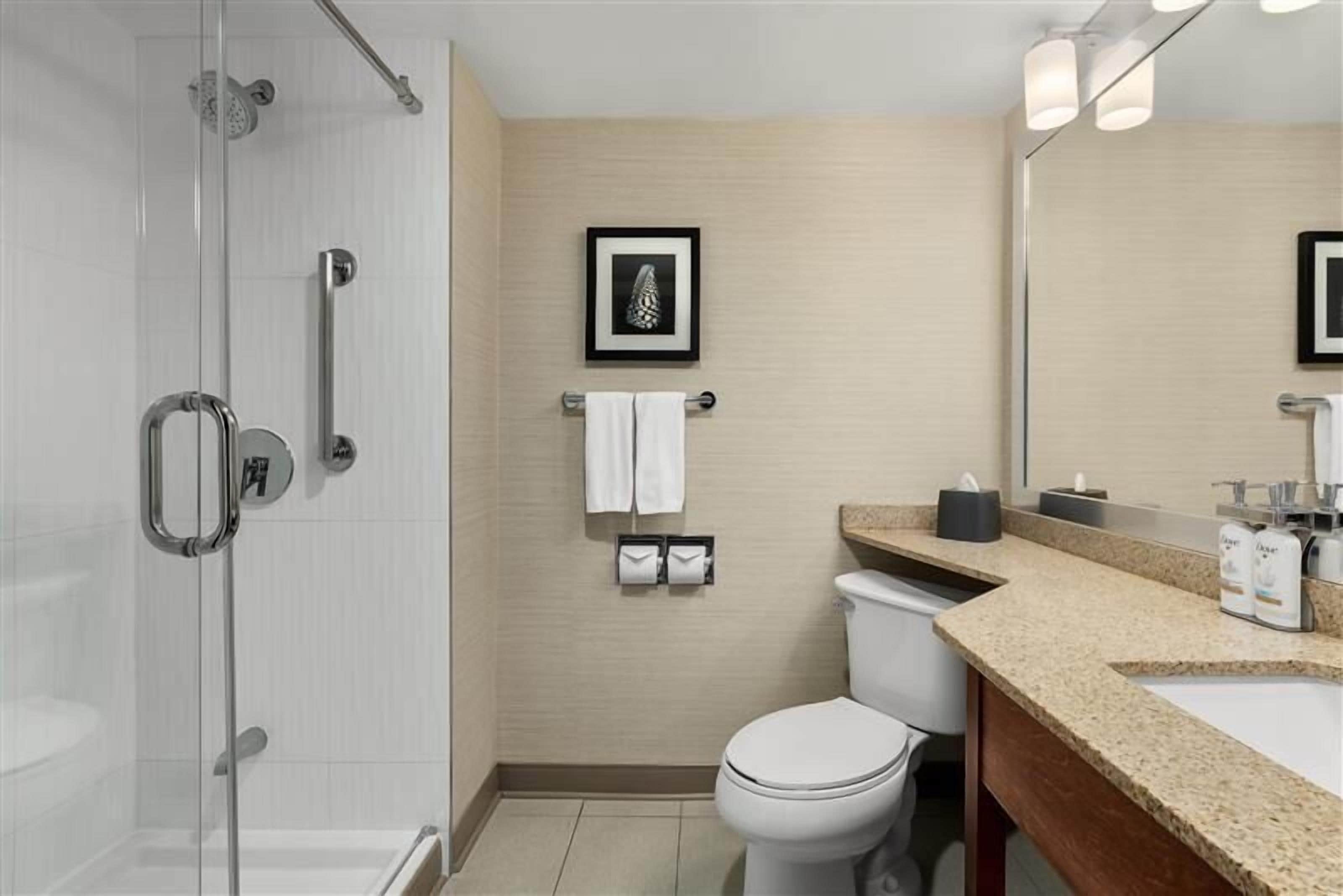 A modern bathroom with a glass shower enclosure, a toilet, a sink with a granite countertop, and a framed picture on the wall.
