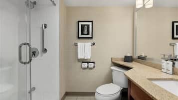A modern bathroom with a glass shower enclosure, a toilet, a sink with a granite countertop, and a framed picture on the wall.