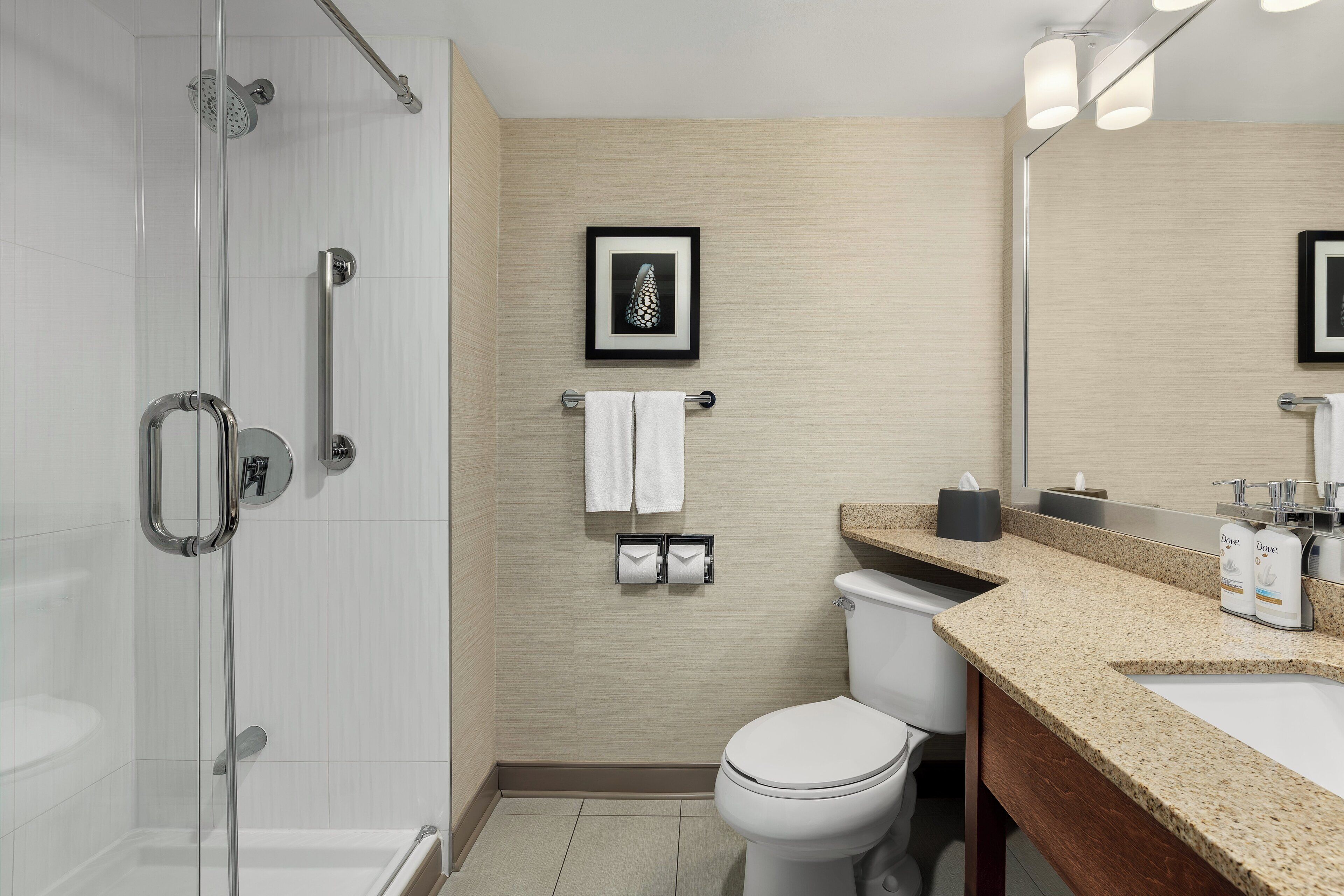 A modern bathroom with a glass shower enclosure, a toilet, a sink with a granite countertop, and a framed picture on the wall.