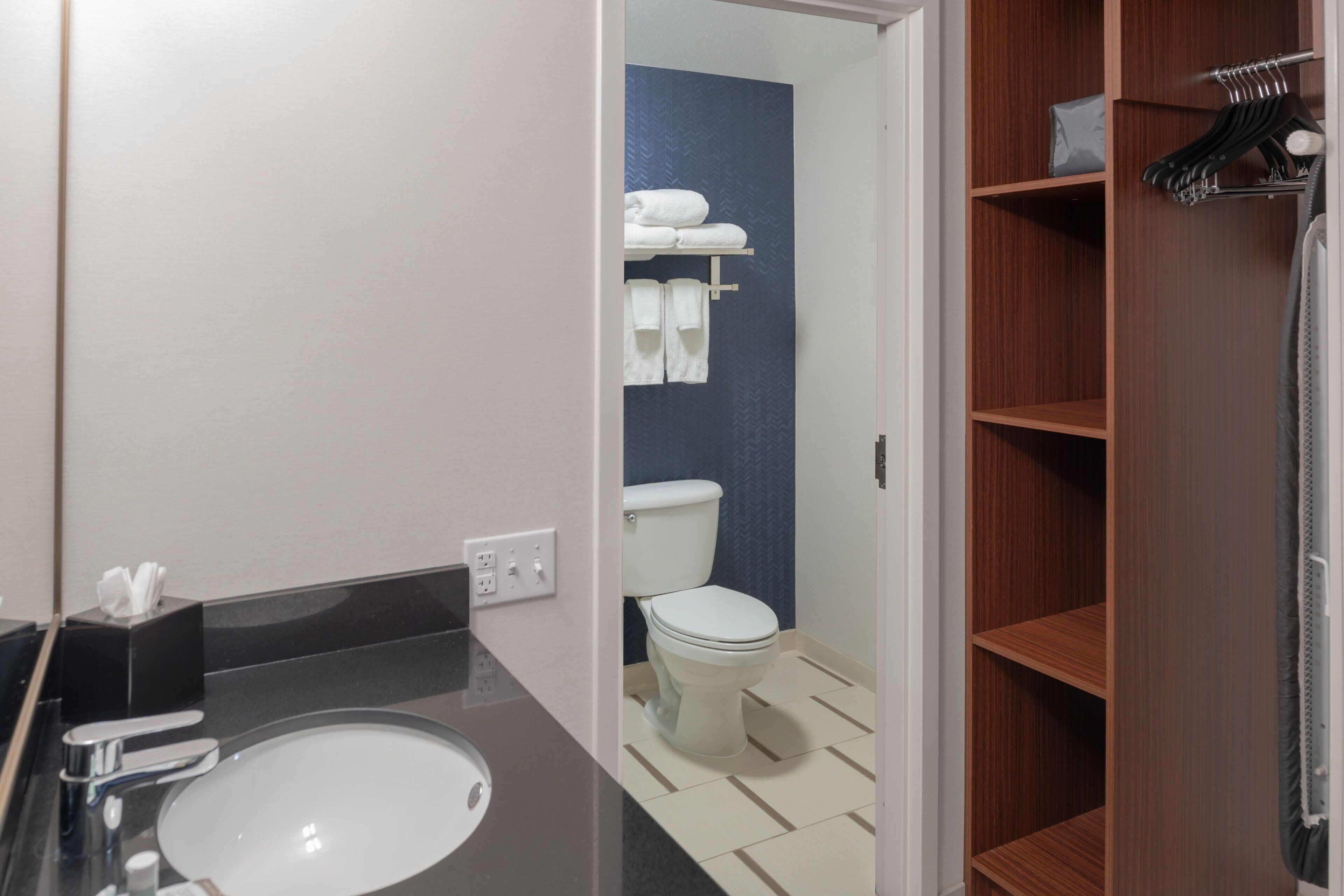 A bathroom with a sink, toilet, and a wooden shelf unit.