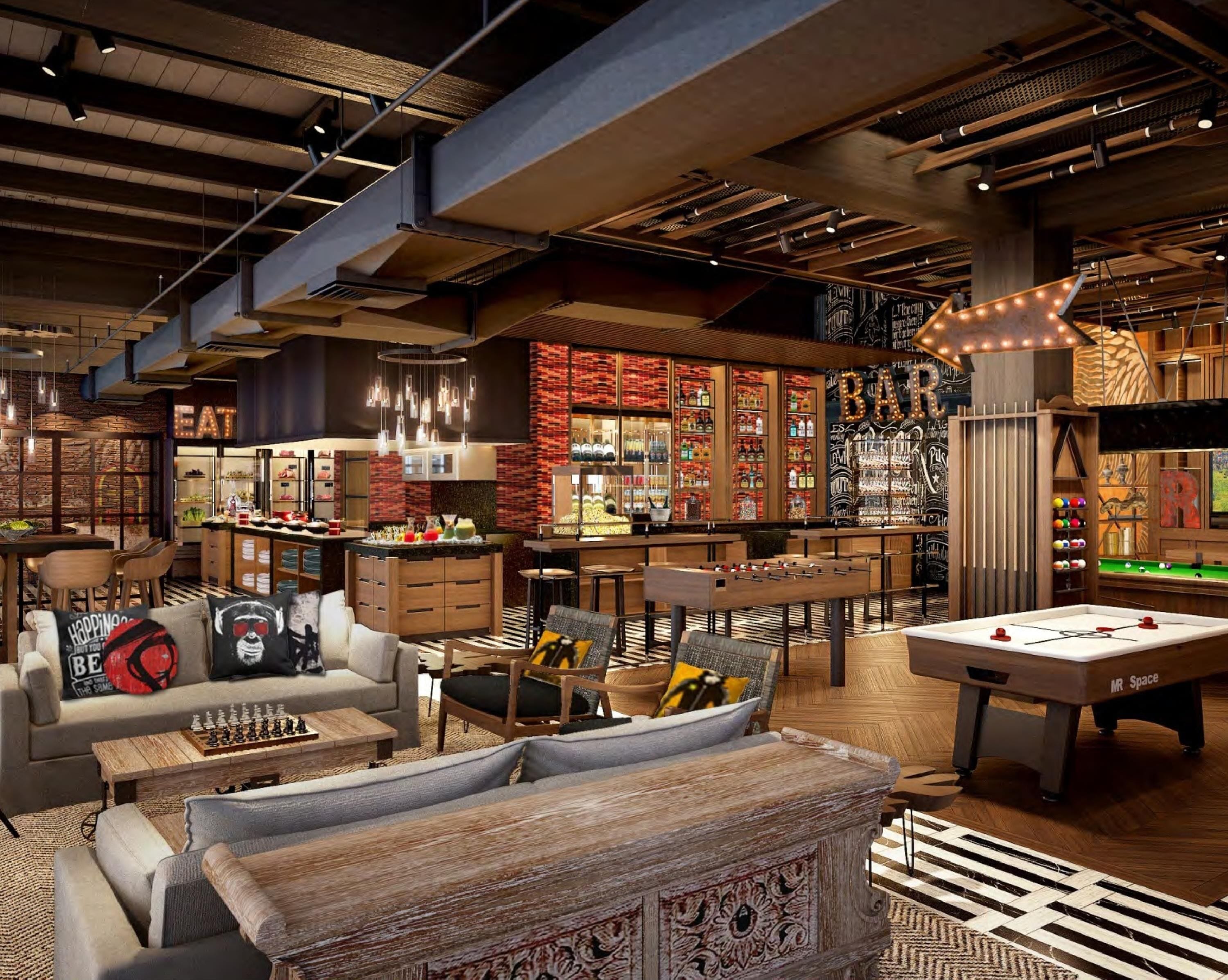 A modern bar area with a pool table, seating, and a bar stocked with various bottles.