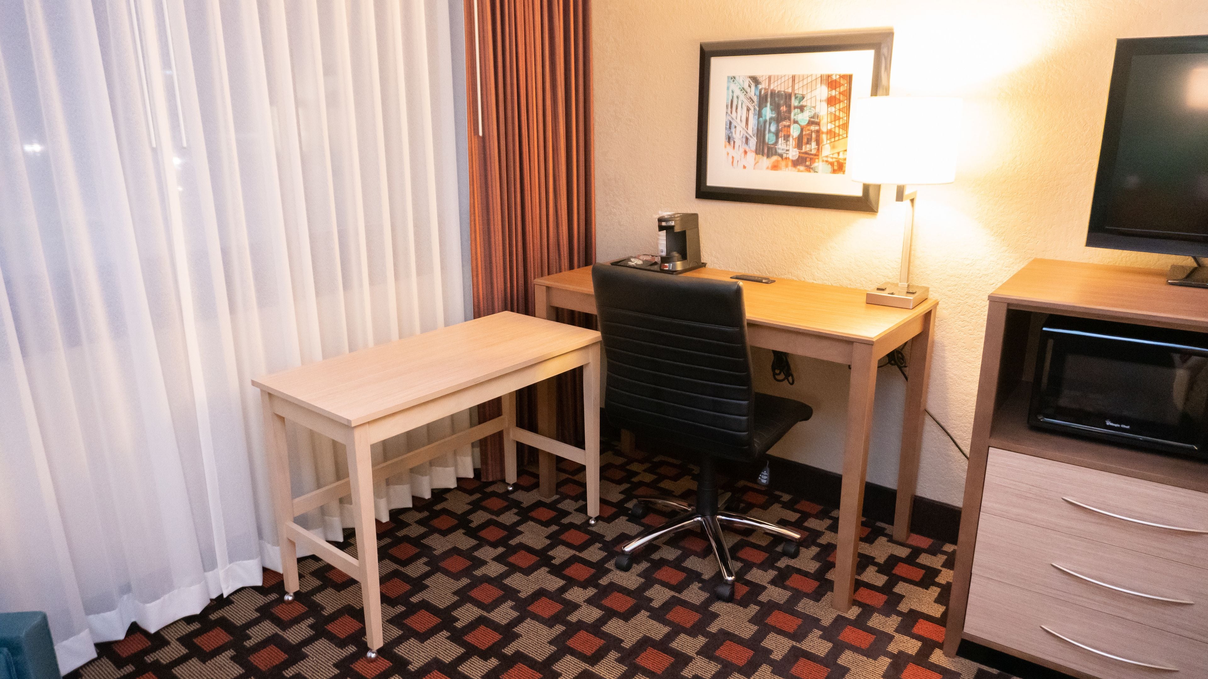 1 bedroom, desk, laptop workspace, blackout curtains