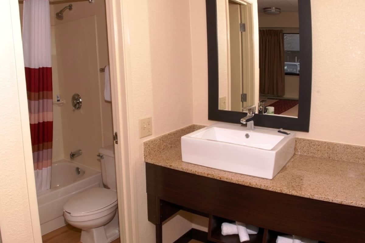 combined shower/bathtub, free toiletries, towels