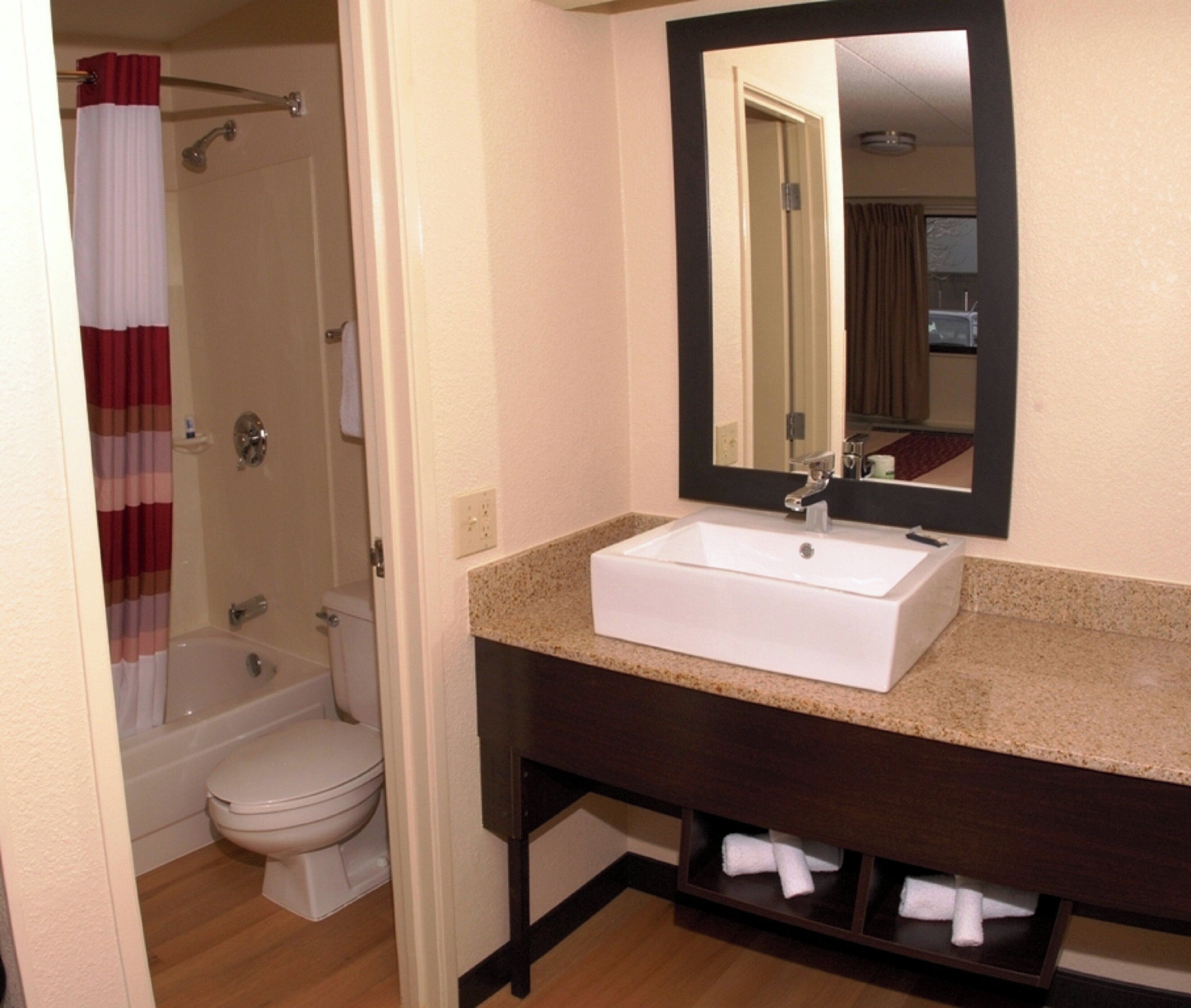 A bathroom with a white sink, a mirror, a shower, and a toilet.