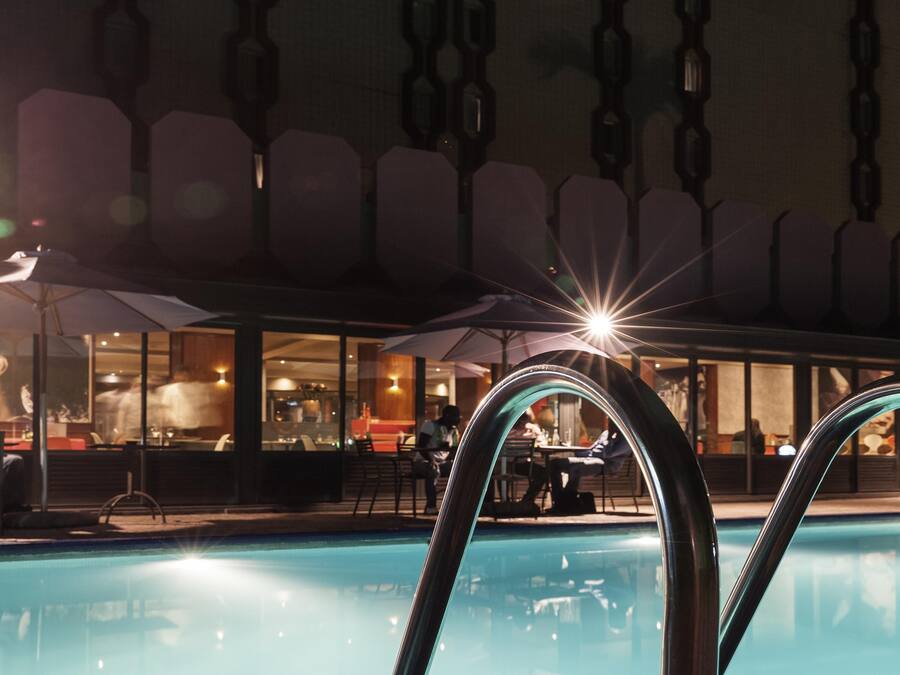 Outdoor pool, pool umbrellas, pool loungers