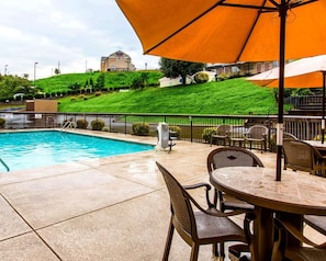 Seasonal outdoor pool, pool umbrellas, pool loungers