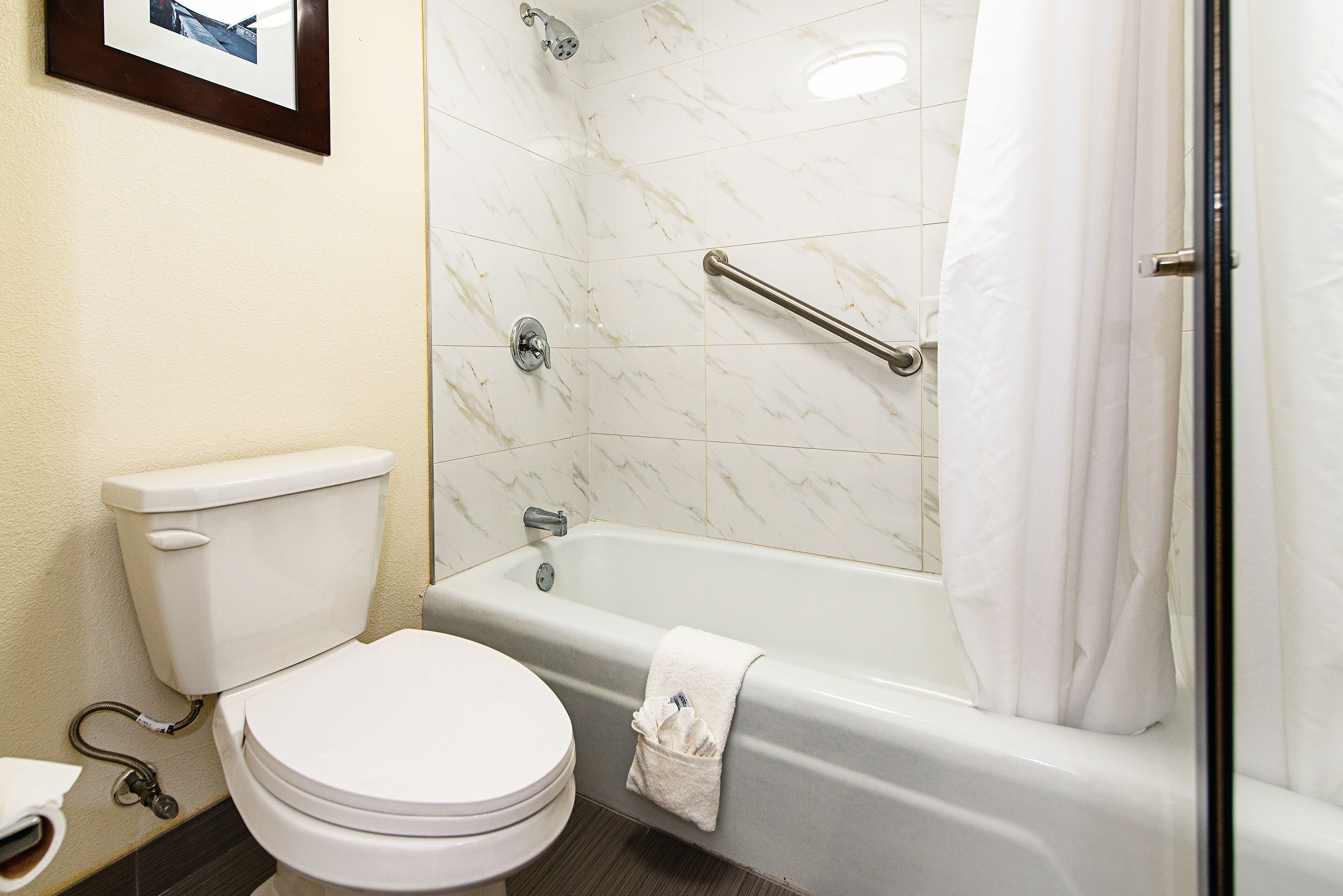 A bathroom with a toilet, a bathtub, and a shower.