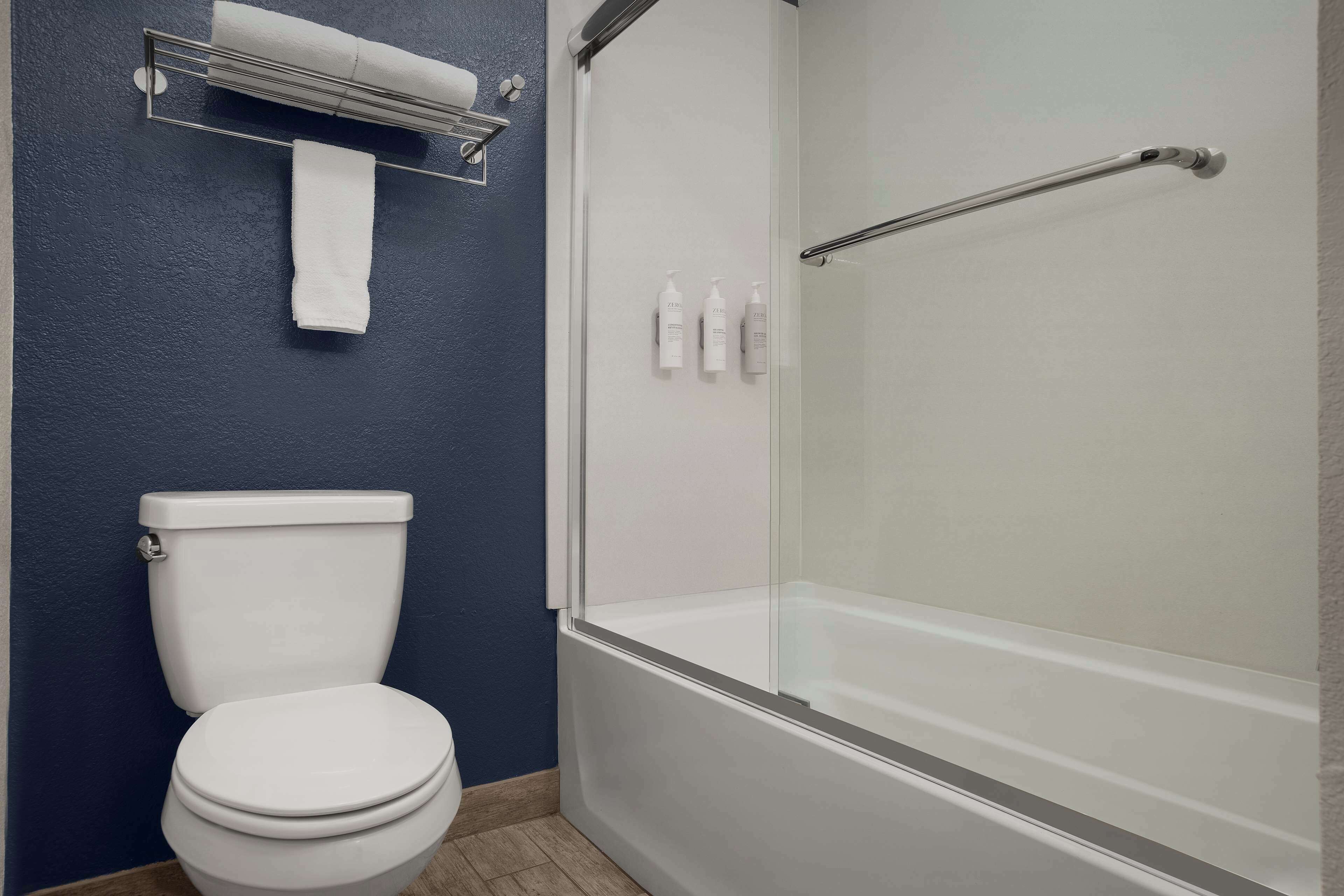 A bathroom with a toilet, a glass shower enclosure, and a towel rack with a towel.