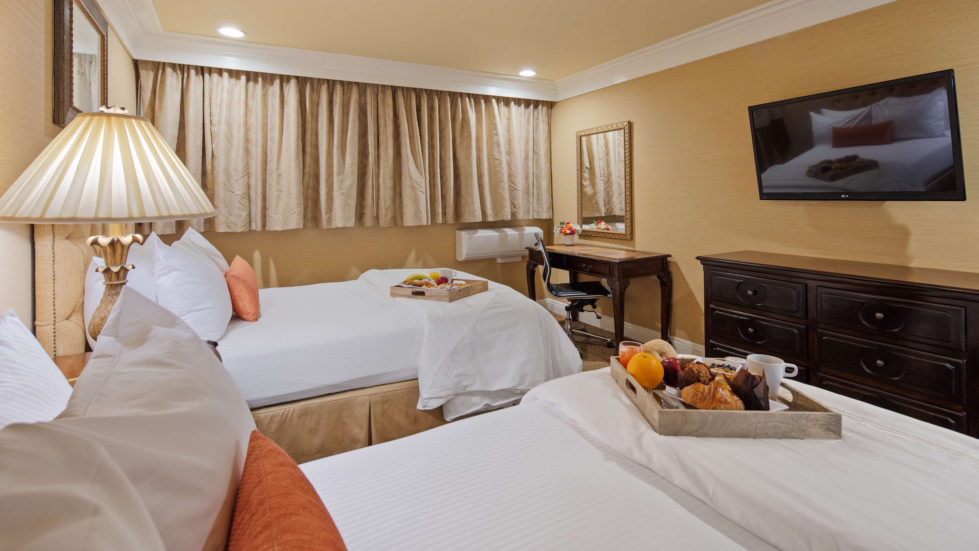 standard room, 2 double beds, non smoking, refrigerator & microwave | premium bedding, in-room safe, desk, blackout curtains