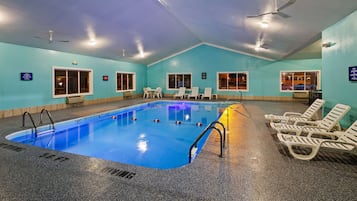 Indoor pool, open 9:00 AM to 10:00 PM, pool loungers