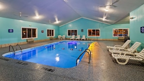 Indoor pool, open 9:00 AM to 10:00 PM, sun loungers