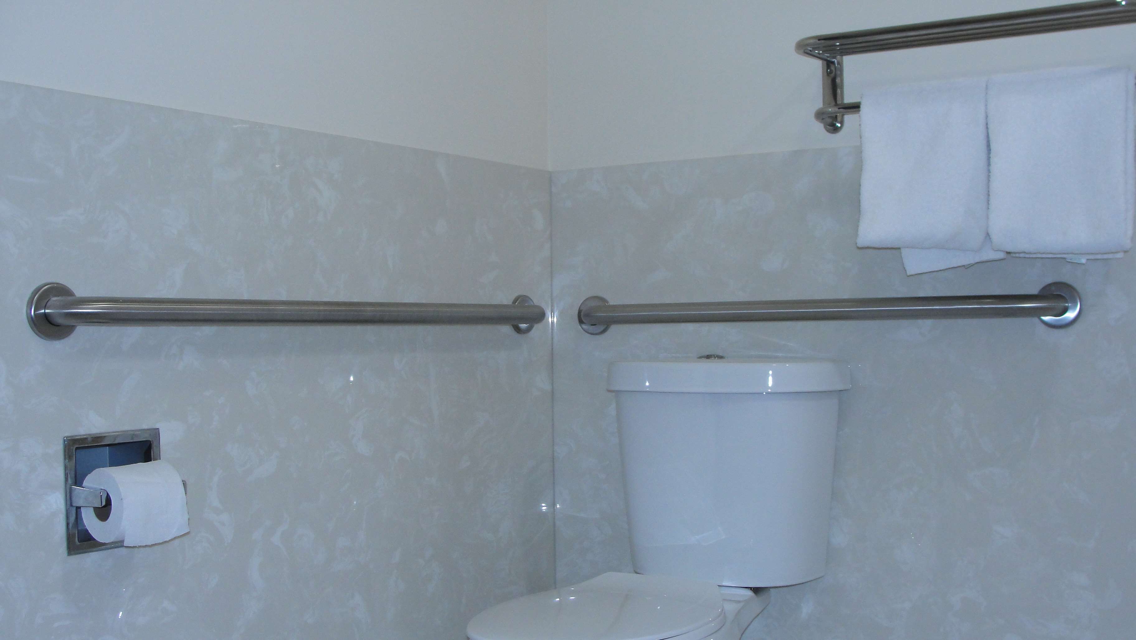 Een badkamer met een toilet, een rol toiletpapier en twee handgrepen.