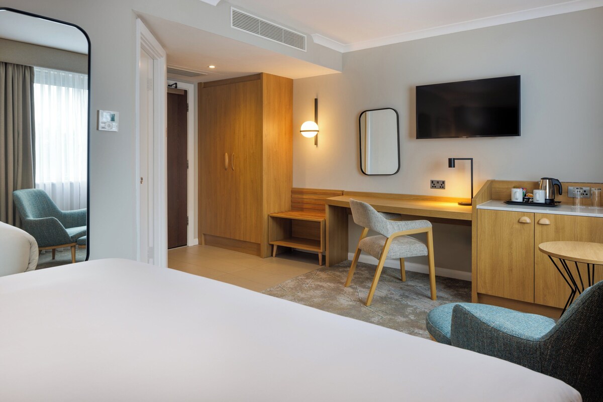 Una habitación de hotel con una cama, un escritorio con una silla, un televisor y un armario.