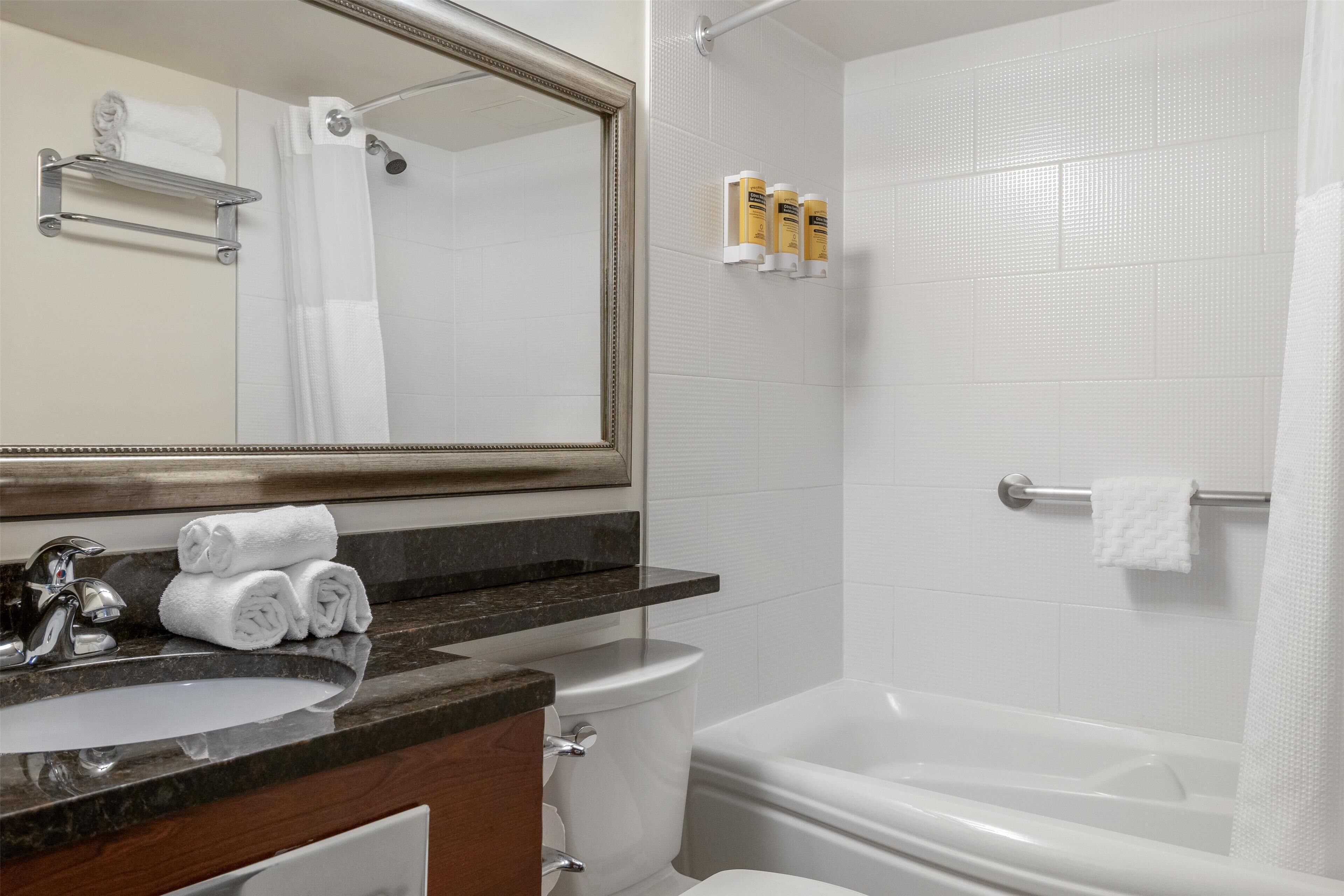 combined shower/bathtub, free toiletries, hair dryer, towels