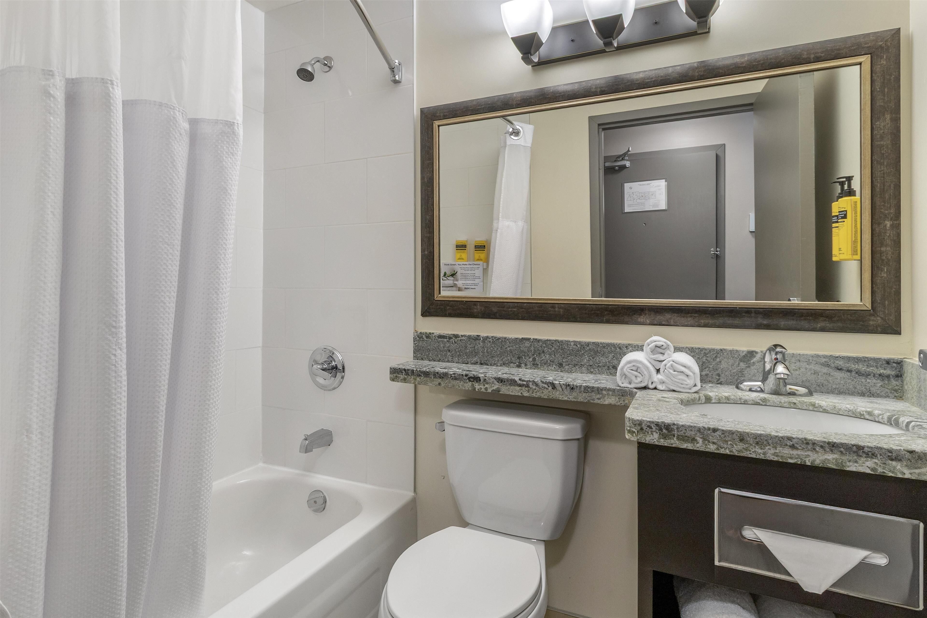 combined shower/bathtub, free toiletries, hair dryer, towels