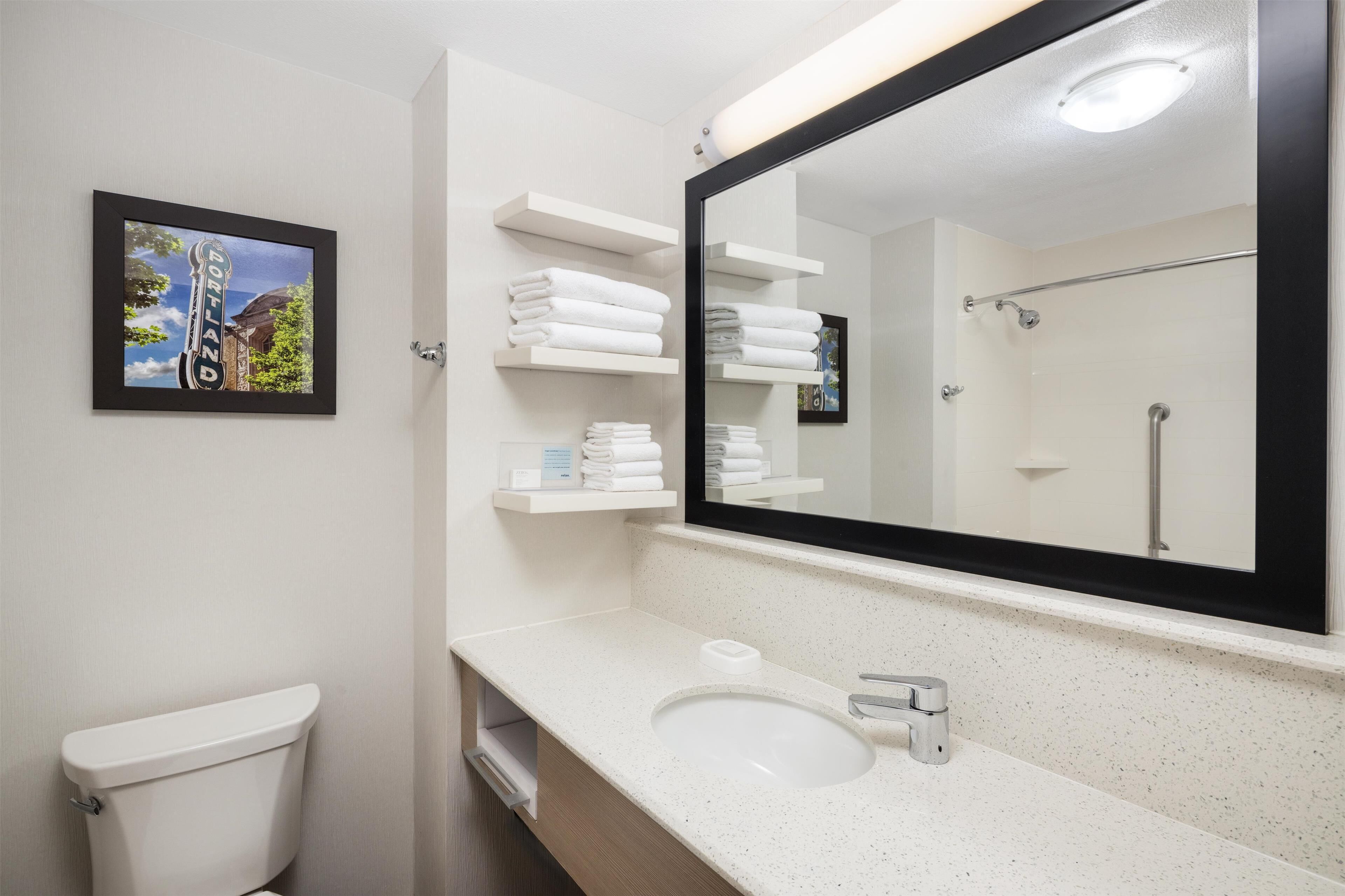 free toiletries, hair dryer, towels