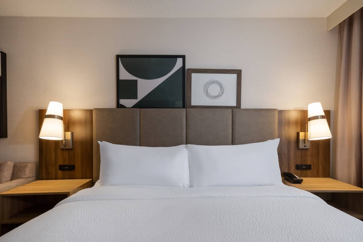 Une chambre d’hôtel avec un grand lit, deux tables de chevet, une tête de lit et des lampes fixées au mur.