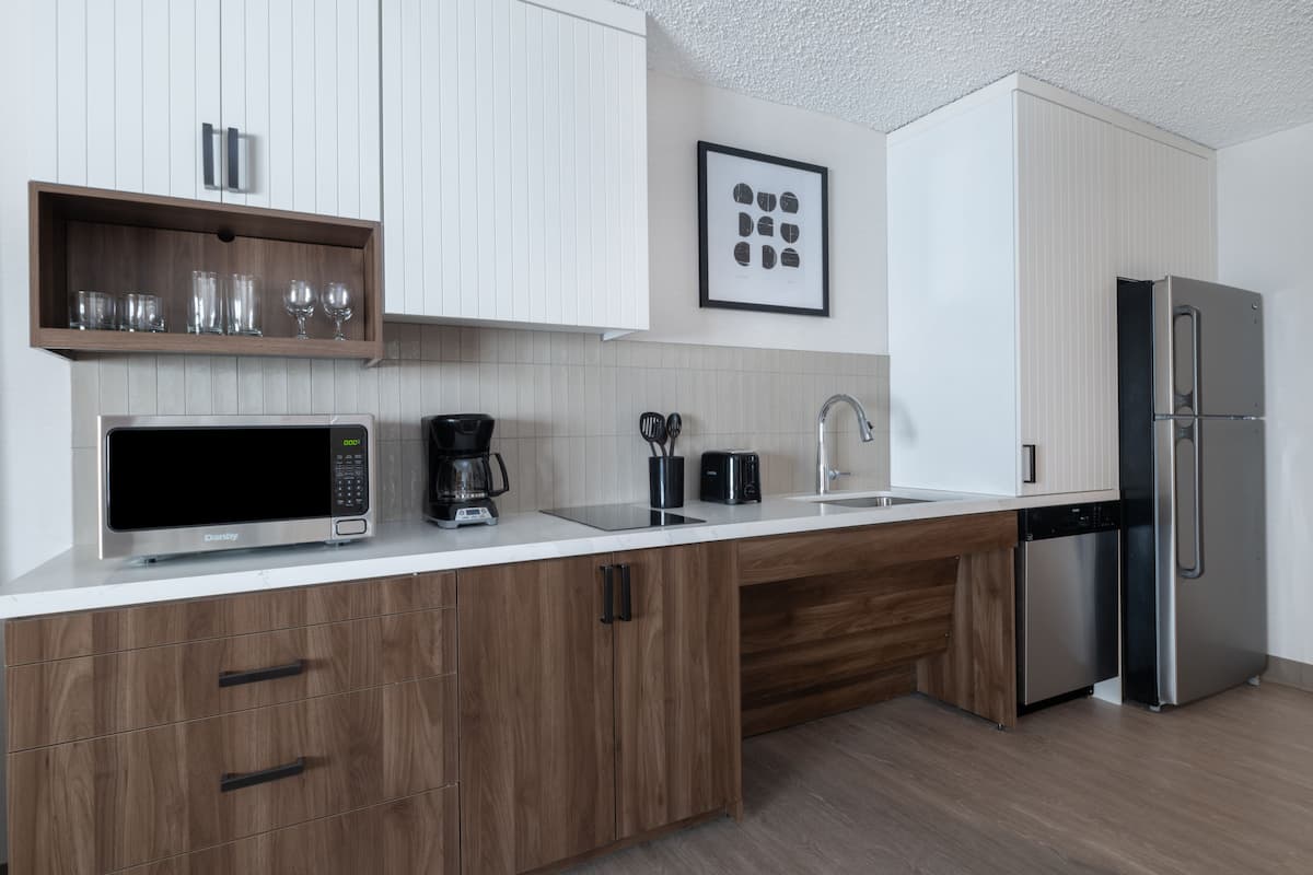 full-sized fridge, microwave, stovetop, dishwasher