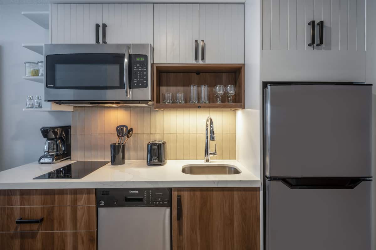 full-sized fridge, microwave, stovetop, dishwasher