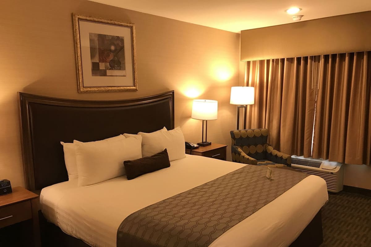 A hotel room with a large bed, a nightstand with a lamp, a chair, and a window with curtains.